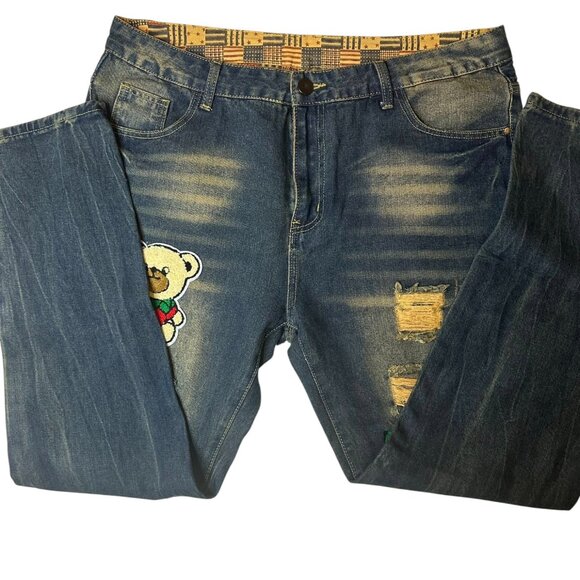 Distressed Slim Straight Jeans denim Patch Ripped Size 38 Lips Bear  Soft  jeans - Picture 8 of 10